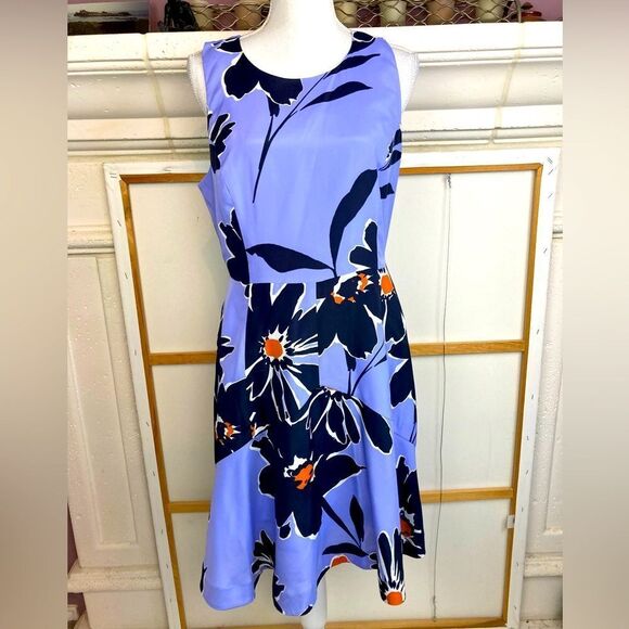 J. Crew Floral Sleeveless Dress in Periwinkle Blue w/Burnt Orange,Black & White - Picture 3 of 11